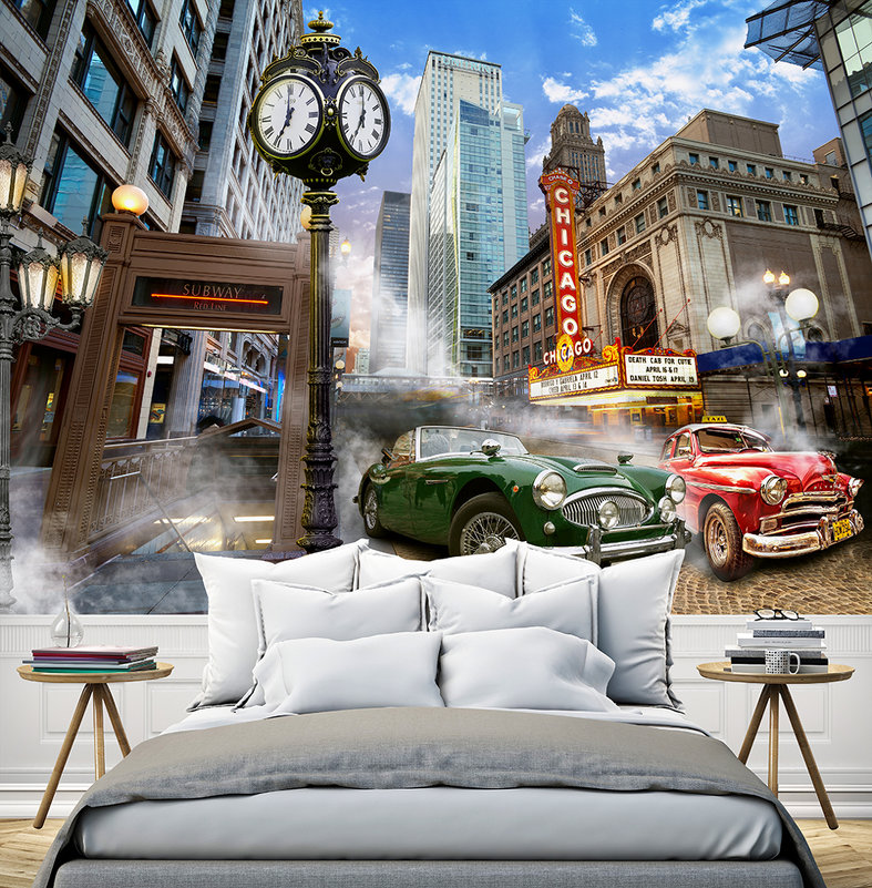 Фреска с ретро автомобилями в спальне - Vita Painter