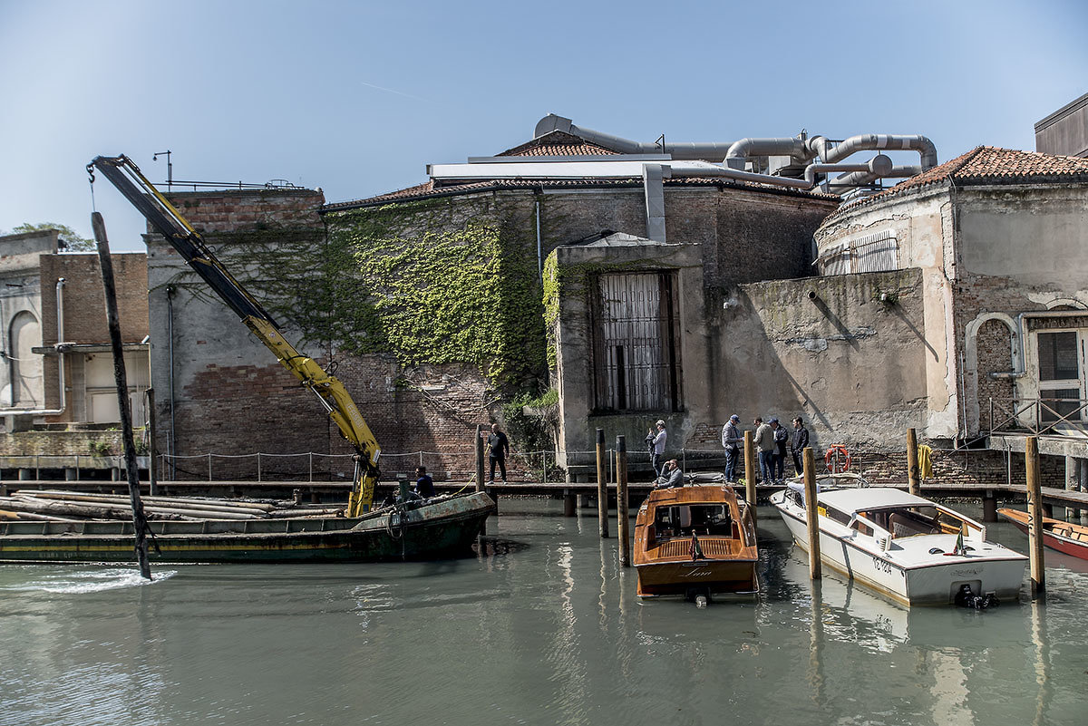 Venezia. Installazione di pali di legno per l'attracco di barche a motore. - Игорь Олегович Кравченко