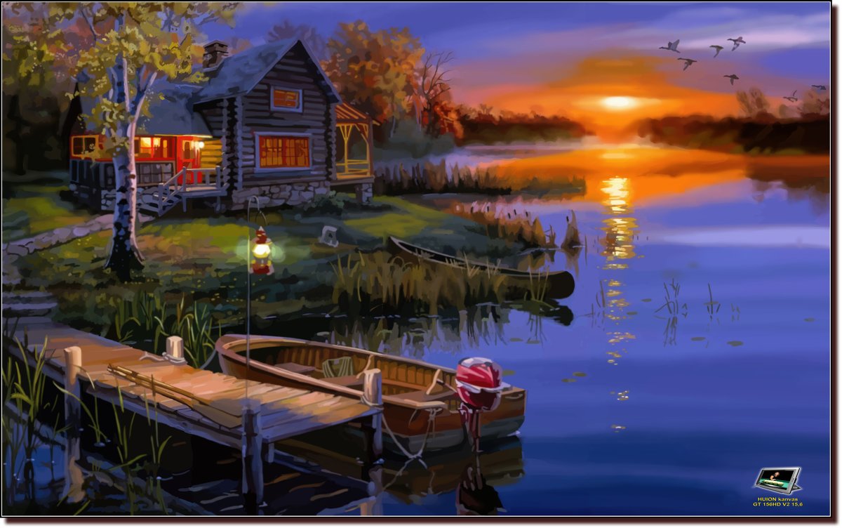 Осенний пейзаж с лодкой и домиком. (работа выполненная на графическом планшете Huion.) №123. - Anatol L