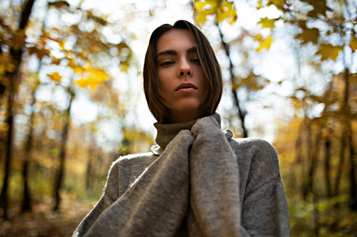 Портрет красивой девушки в свитере в солнечном осеннем лесу - Lenar Abdrakhmanov