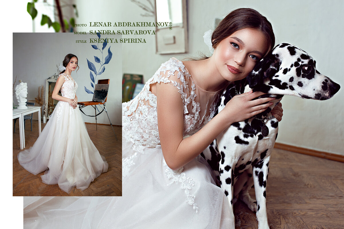 Милая девочка в красивом свадебном платье с далматинцем - Lenar Abdrakhmanov