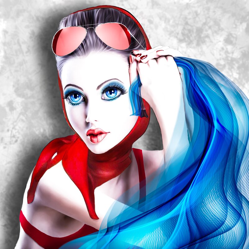 Glamorous girl in pin-up style glasses with a blue scarf. - Герман 