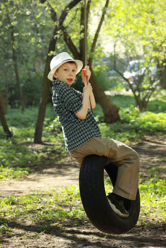 Мальчик в парке катается на тарзанке - Наталья Преснякова
