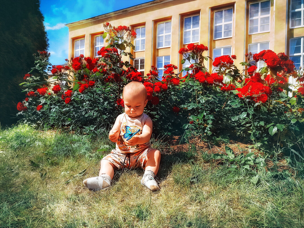 Мальчик с бабочкой на фоне  красных роз - Юлия Трушина