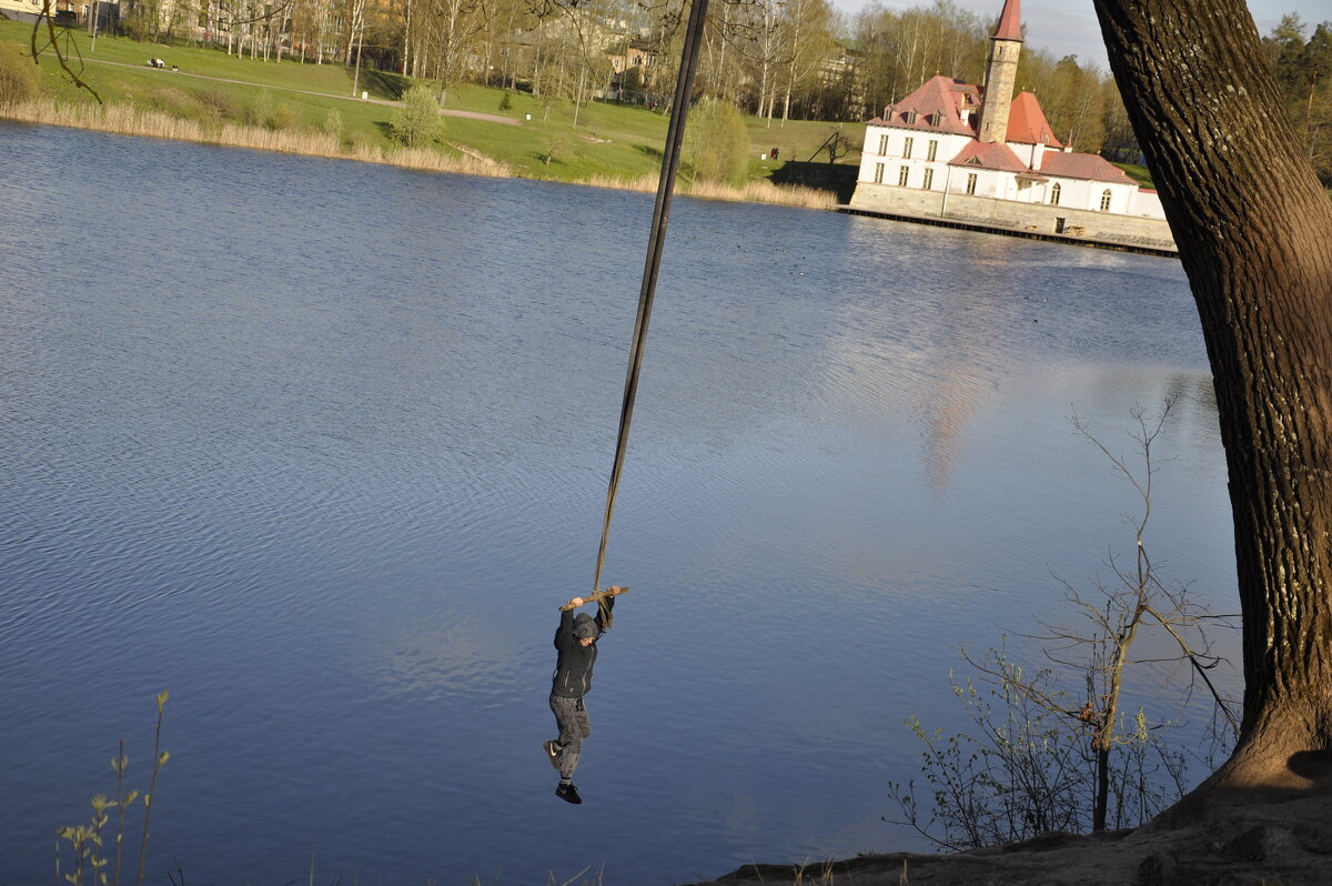 Мальчик раскачивается на веревке над  Черным озером в Приоратском парке - Галина Бельченко