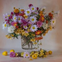 Хризантемы, одна ромашка и японская айва. :: Елена Ахромеева