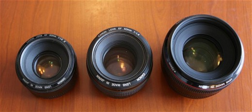 Cлева направо: 50 mm f/1.8, 50 mm f/1.4 и 50 mm f/1.2 Series L.