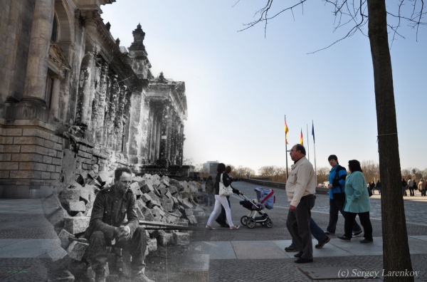 Сочетание современных фото со старинными времен Второй Мировой войны - №26