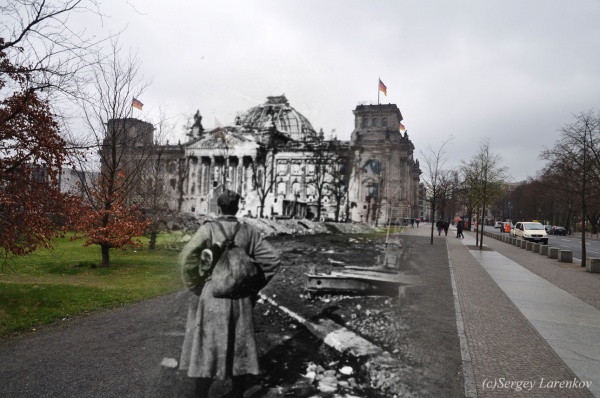 Сочетание современных фото со старинными времен Второй Мировой войны - №27