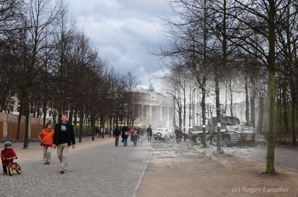 Сочетание современных фото со старинными времен Второй Мировой войны - №28