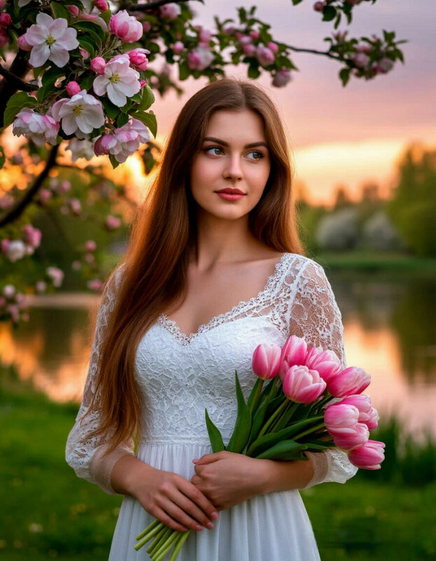 Девушка с букетом тюльпаеов - Сергей Кочнев