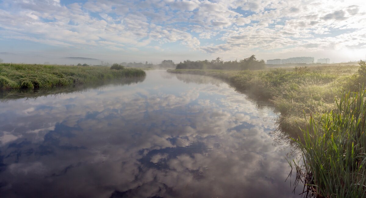 Туманное утро на реке Миасс. г. Миасс, Машгородок (панорама). - Алексей Трухин