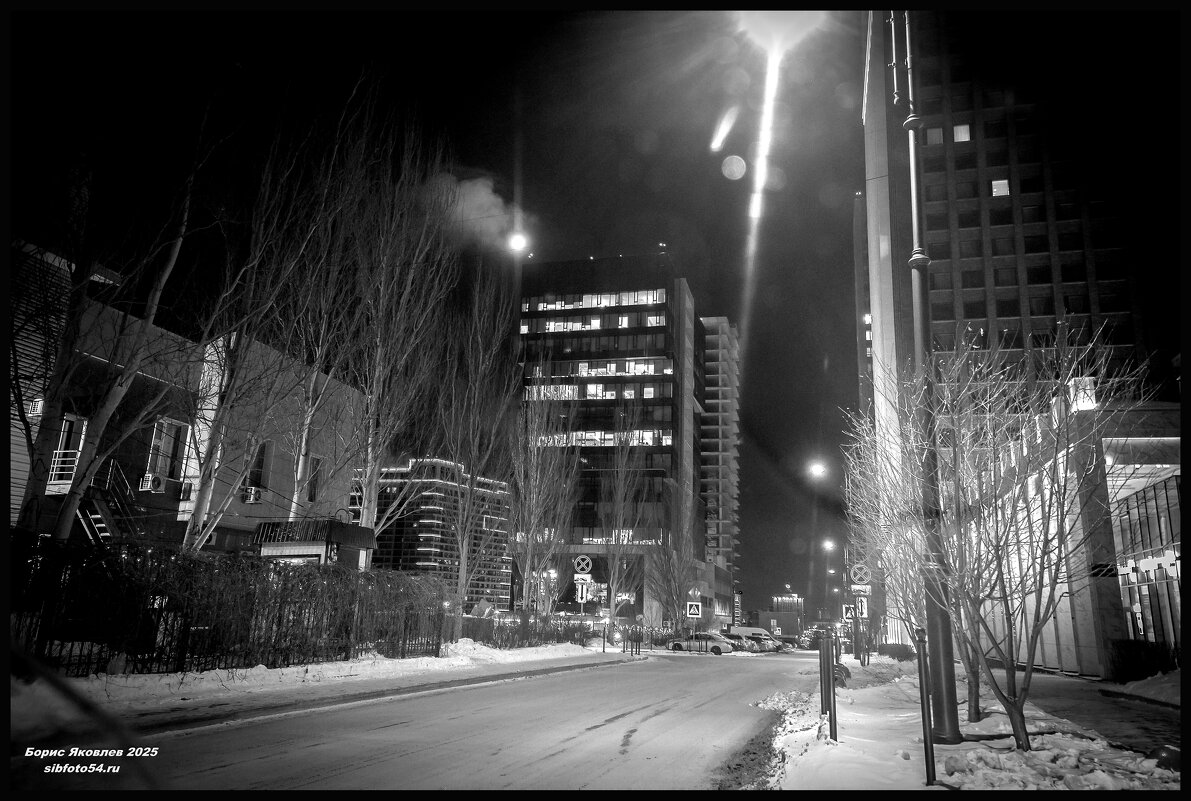 Зимний ночной город в свете луны и фонарей кажется немного зловещим. - Борис Яковлев