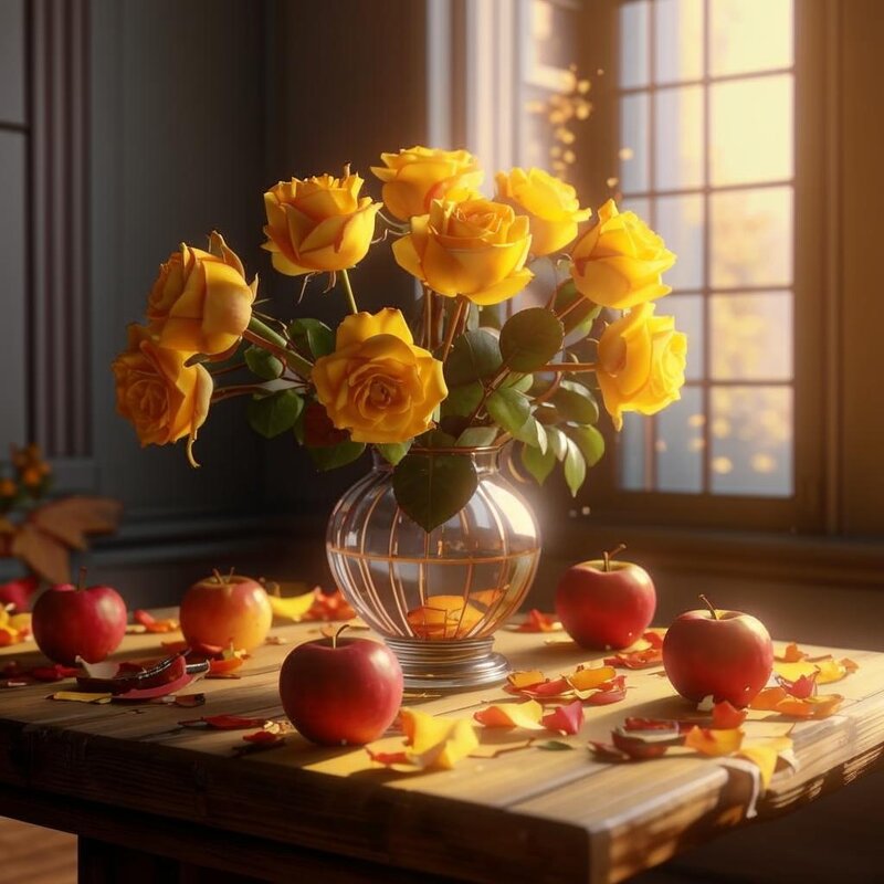 Желтые розы и яблоки на столе - Наталья ***