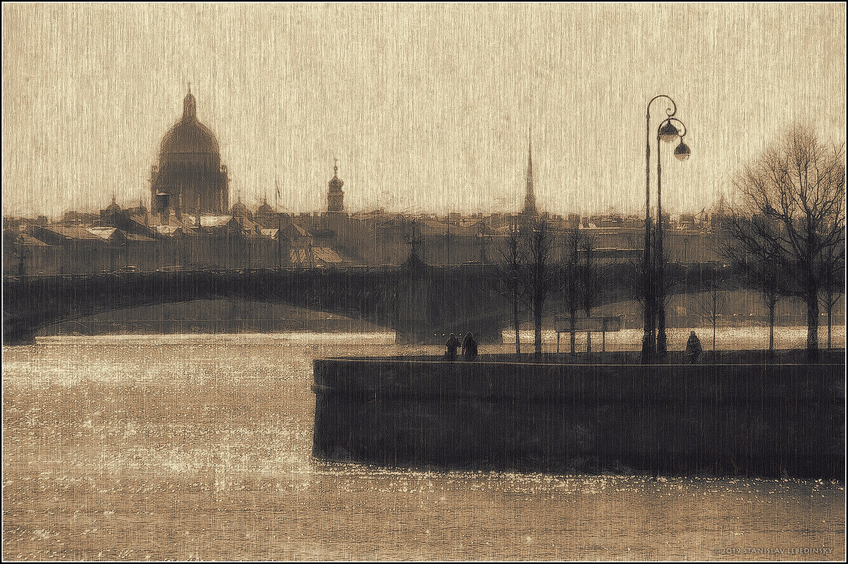 My magic Petersburg_03296_р. Нева. Петровская набережная с видом на Троицкий мост - Станислав Лебединский