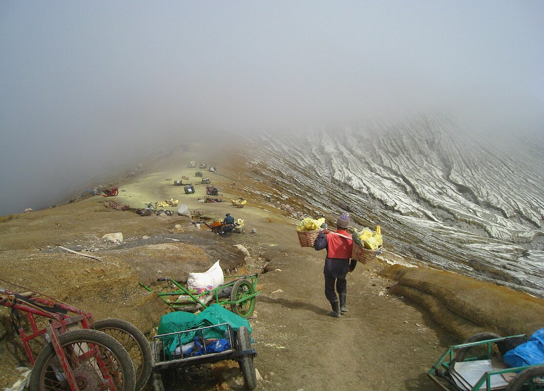 Тележки для транспортировки серы на кромке кратера вулкана Иджен. - unix (Илья Утропов) Тележки для транспортировки серы на кромке кратера вулкана Иджен. - unix (Илья Утропов)