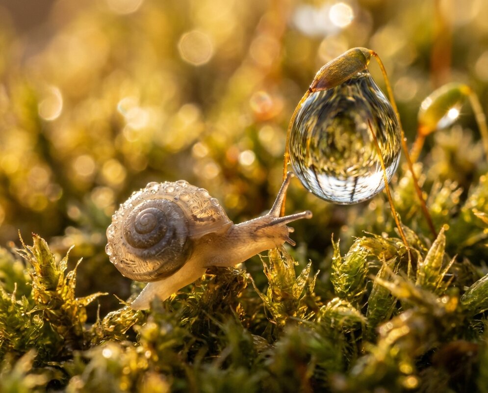 Улитка и капелька воды на фоне мха - Лилия 