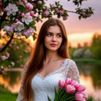 Девушка с букетом тюльпаеов :: Сергей Кочнев