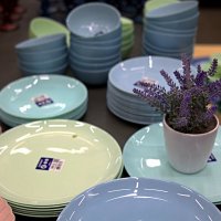 Контрастный натюрморт кухонной утвари тарелок, мисок и цветка в горшке :: Ильич -